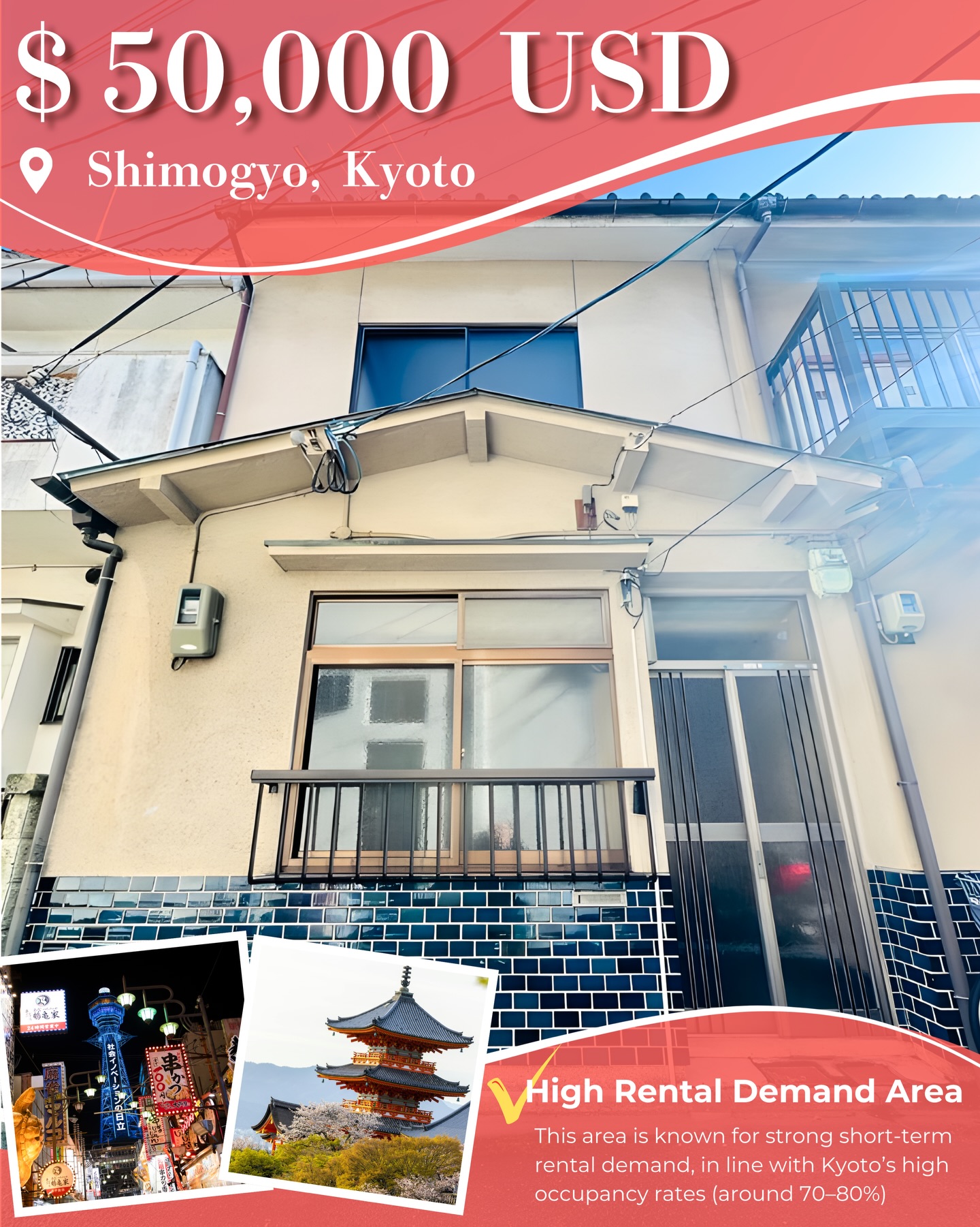 House for Sale – Shimogyo, Kyoto
*Price*
JPY 7,800,000 (Approx. USD 50,000)
*Property Overview*
*Location*
64 Umekoji Honmachi, Shimogyo Ward, Kyoto
*Access*
Nishioji Station (JR Tokaido Line) – 9min walk
*Property Details*
Property Type: Detached House
Land Area: 35.53 m²
Building Area: 57.17 m²
Structure: Wooden, 2-story
Year Built: Unknown
*Key Features*
• Located in an area benefiting from Kyoto’s strong Airbnb demand
• Affordable entry price in Kyoto
• Great potential for renovation
• Located in a quiet residential area
• Potential for Airbnb or guesthouse use (subject to permits and regulations)
*Land & Zoning*
Land Ownership: Freehold
City Planning: Urbanized Area
Zoning: Quasi-Industrial Zone
Building Coverage Ratio (BCR): 60%
Floor Area Ratio (FAR): 200%
*Road Access*
Front Road: Private road, approx. 2.8 m wide (west-facing)
Frontage: Approx. 4.4 m
*Additional Details*
Private Road Burden: Approx. 21 m²
Setback: Approx. 2.70 m²
Land Type: Residential Land
*Condition*
Vacant
Immediate handover available
*Utilities*
Electricity / Water / Sewer / City Gas
*Other Notes*
• No parking space
• Includes an auxiliary structure (toilet, approx. 0.82 m², year built unknown)