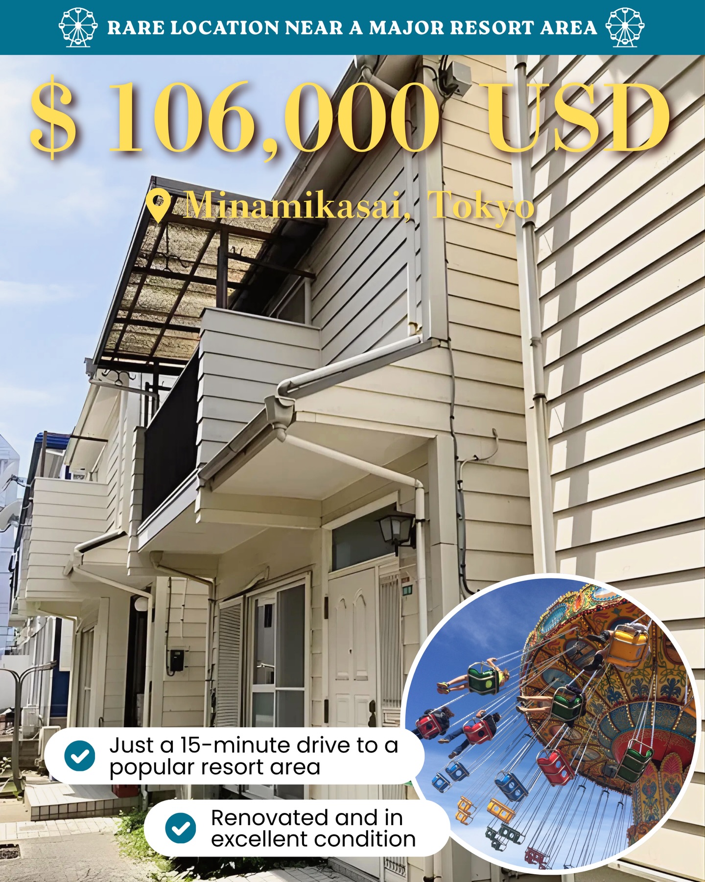 Tokyo Terraced House | Affordable City Investment
Perfect as a private residence or rental investment,
this compact terrace house is located in a quiet residential area in Tokyo.
🏠House for Sale - Minamikasai, Tokyo
💰Price
JPY 16,800,000 (Approx. USD 106,000)
Property Overview
📍Location
Minamikasai 6-chome, Edogawa-ku, Tokyo
🚉Access
Kasai-Rinkai Koen Station (JR Keiyo Line)
approx. 10 min by bus + 23 min walk
Kasai Station (Tokyo Metro Tozai Line)
approx. 23 min by bus + 25 min walk
✅Property Details
Property Type: Terraced House
Layout: 3LDK
Land Area: 46.65 m
Building Area: 69.96 m
Structure: Wooden, 2-story
Year Built: July 1984
🔑Key Features
・Affordable entry price within Tokyo
・Functional 3LDK layout
・Located in a quiet residential neighborhood
・Close to a major theme park resort area
・Strong potential for long-term rental or short-stay demand
🗺️Land & Zoning
Land Ownership: Freehold
Zoning: Category I Residential Zone
City Planning: Urbanized Area
Building Coverage Ratio (BCR): 60%
Floor Area Ratio (FAR): 300%
🚗Road Access
Front Road: South, approx. 2 m private road
Frontage: approx. 6 m
Private Road Burden: 8.94 m
💡Other Notes
No parking
Located in a quasi fire prevention area