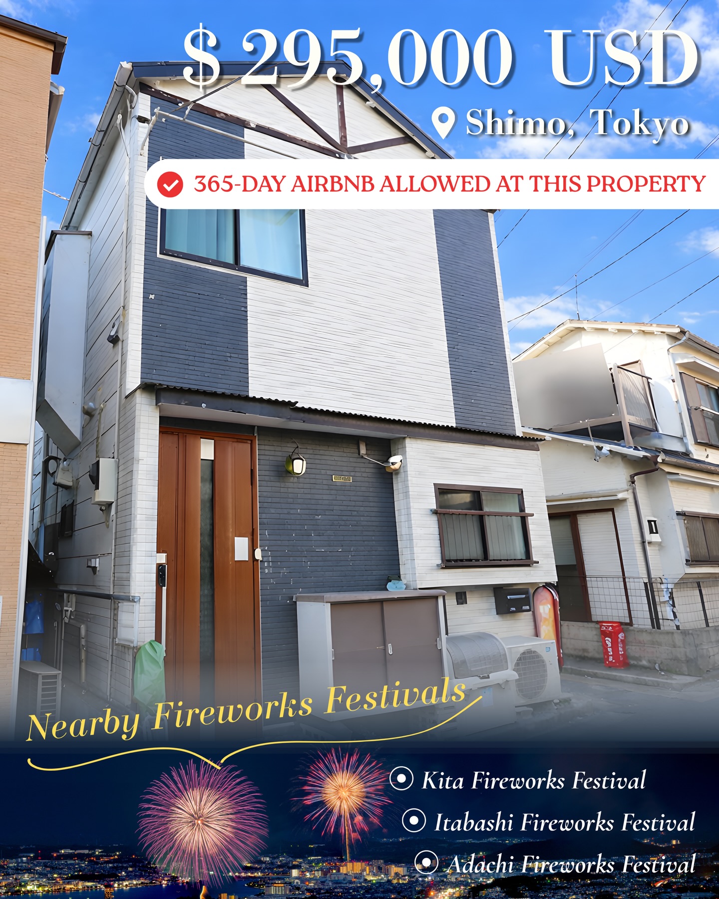 Tokyo Detached House | Prime Akabane Area Investment 🇯🇵
Located near popular fireworks festivals, this property allows short-term rentals all year round.
🎆Nearby Fireworks Festivals
・Itabashi Fireworks Festival
・Adachi Fireworks Festival
・Kita Fireworks Festival
🏠House for Sale â Shimo, Tokyo
💰Price
JPY 44,800,000 (Approx. USD 295,000)
Property Overview
📍Location
Shimo 1-chome, Kita-ku, Tokyo
🚊Access
Shimo Station (Tokyo Metro Namboku Line) - 8 min walk
Akabane Station (JR Keihin-Tohoku Line) - 9 min walk
Higashi-Jujo Station (JR Keihin-Tohoku Line) - 20 min walk
✅Property Details
Property Type: Detached House
Layout: 4K
Land Area: 37.69 ㎡
Building Area: 58.24 ㎡
Structure: Wooden, 2-story
Year Built: December 1960
🔑Key Features
・Located in a quiet residential neighborhood
・Walking distance to Akabane â a major transport hub
・Corner lot with dual road access
・Strong potential for renovation or rebuild
・Compact investment property in Tokyo
🗺️Land & Zoning
Land Ownership: Freehold
Zoning: Category I Residential Zone
City Planning: Urbanized Area
Building Coverage Ratio (BCR): 60%
Floor Area Ratio (FAR): 200%
🚗Road Access
East: approx. 4.2 m public road
North: approx. 2.0 m private road
Corner lot (two-sided access)
💡Other Notes
・No parking
・Setback required: approx. 6.60 ㎡
・Flat land
・No private road burden
┈┈┈┈┈┈┈┈
@bessotogo
We take care of everything for you — from property management and licensing applications to financial management and interior furnishing.
While you’re not using your property, our team will handle all operations seamlessly under one roof.
┈┈┈┈┈┈┈┈
#minpaku #japanlife #omatsuri #akabane