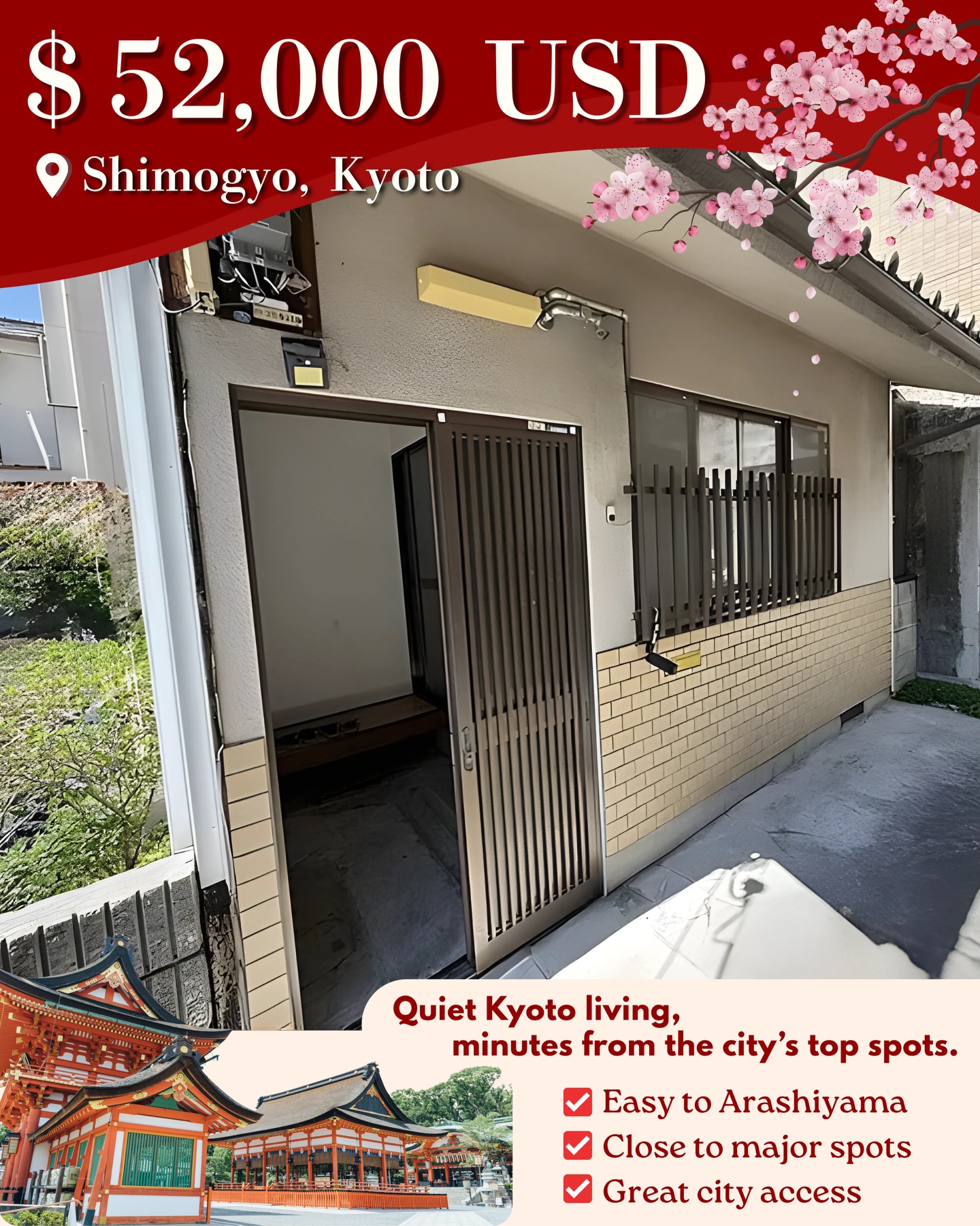 Kyoto Detached House | Affordable Investment Opportunity 🇯🇵
Located in a quiet residential area with excellent access to central Kyoto, this compact property offers great potential for renovation.
🏡House for Sale – Shimogyo, Kyoto
💰Price
JPY 7,800,000 (Approx. USD 52,000)
Property Overview
📍Location
Nakadoji Maedacho, Shimogyo-ku, Kyoto
🚊Access
Tanbaguchi Station (JR Sanin Main Line) – 5 min walk
Umekoji-Kyotonishi Station (JR Sanin Main Line) – 15 min walk
Shijo-Omiya Station (Keifuku Arashiyama Line) – 16 min walk
Omiya Station (Hankyu Kyoto Line) – 16 min walk
Gojo Station (Karasuma Subway Line) – 17 min walk
☑ Property Details
Property Type: Detached House
Layout: 2DK
Land Area: 55.99 m²
Building Area: 22.87 m²
Structure: Wooden, Single-story
Year Built: January 1960
🔑 Key Features
• Prime Kyoto location within walking distance to multiple stations
• Quiet residential neighborhood
• Affordable entry price for Kyoto investment
• Renovation potential
🗺 Land & Zoning
Land Ownership: Freehold
Zoning: First-Class Residential Zone
City Planning: Urbanized Area
Building Coverage Ratio (BCR): 60%
Floor Area Ratio (FAR): 200%
🚙 Road Access
East side: approx. 2.0 m road
💡 Other Notes
• No parking
• Flat land
• Rebuilding is not permitted
Rare low-entry investment opportunity in Kyoto — ideal for renovation projects.
┈┈┈┈┈┈┈┈
@bessotogo
We take care of everything for you — from property management and licensing applications to financial management and interior furnishing.
While you’re not using your property, our team will handle all operations seamlessly under one roof.
┈┈┈┈┈┈┈┈
#kyotostay #japanlife #minpaku #airbnbhost #renovation