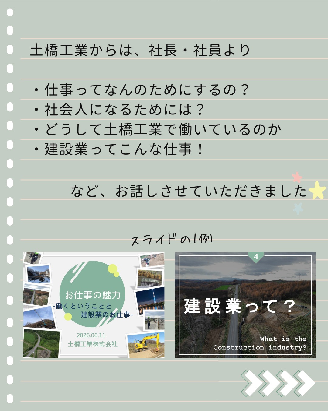【🎉出前授業in北見市立高栄中学校🥰】
こんにちは🤗
土橋工業です!
先日、北見市立高栄中学校様へ
「仕事・働き方」をテーマに
社長と社員2名で出前授業に伺いました🌟
今回の授業は
オホーツク二建会と北見工業高校様のコラボ企画👏
「社会人って?」
「働くって?」
「建設業ってどんな仕事をしているの?」
などなど、
そんな話を中心に3年生のみなさんにお話しさせていただきました🤗
わたくし事ですが、人前に出てお話しするのはほぼ人生初😖
ド緊張するかと思いましたが
みなさんが真剣に話を聞いてくれたおかげで
なんとか無事にプレゼンを終えることができました🥰
どうすれば伝わりやすいのか、
どうすれば最後まで興味を持ってもらえるか、
工夫しながらスライドをつくるのもとても楽しく、良い経験になりました💯
まだまだ改善点たくさんのプレゼンでしたが
今回の授業が将来を考えるきっかけになれば嬉しいです💐
高栄中学校のみなさま、ありがとうございました😊❤️
---------------------------------------
土橋工業(つちはしこうぎょう)株式会社
〒099-4115
北海道斜里郡斜里町光陽町52番地26
TEL:0152-23-2188
---------------------------------------
#施工管理 #土木 #建築 #現場監督 #建設業 #建設会社 #社員募集中 #採用情報 #中途採用 #就職活動 #転職 #求人 #未経験 #建設業を盛り上げよう #建設業界の人と繋がりたい #土橋工業 #斜里町 #北海道 #知床 #オホーツク #道東 #網走市 #北海道に住みたい #建設ディレクター #出前授業 #北見市 #建設業の魅力