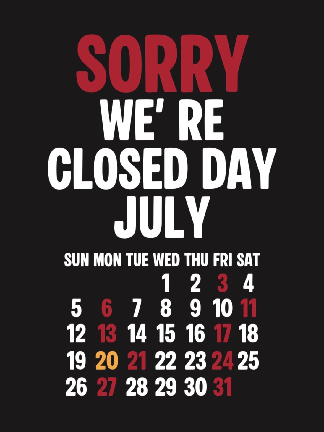 July Close Day.※赤字が店休となります。7/20 (日)はサッポロファクトリーホールにてWBC2026物販ブースにて出店となります、店舗は休みです🤝⬛︎ 営業時間 : 11:00~19:00
⬛︎ 北海道札幌市白石区北郷9条7丁目10-2
⬛︎ 駐車場有#delinquentbros
#デリンクエントブロス
#デリンクエント
#非行兄弟
#札幌