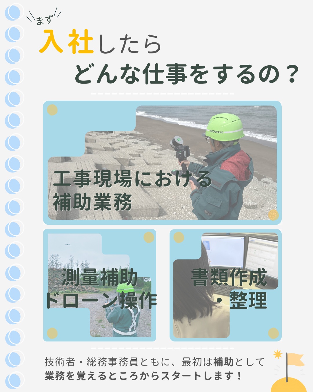 【🎉2027年新卒採用スタート🎉】
こんにちは😊
土橋工業です!
このたび、2027年新卒採用情報を公開いたしました🎉
「🤔建設業ってどんな仕事?」
「😥現場って大変そう…?」
そんなイメージを持っている方もいるかもしれません💭
土橋工業ではドローンや3DレーザースキャナーなどのICTを活用しながら、地域の暮らしを支える仕事をしています!🚁✨
入社後は、先輩社員と一緒に現場の補助や測量、書類作成、事務経理補助など、できることから少しずつスタート😊🌟
知識や経験がなくても大丈夫!一歩ずつ成長できる環境です!
こんな人におすすめ👇
🌿 モノづくりが好き!
🌿 地域のためになる仕事がしたい!
🌿 新しいことにチャレンジしたい!
🌿 ドローンやICTに興味がある!
🌿 仲間と協力して働きたい!
「ちょっと気になる!🐣」
そんな気持ちだけでも大歓迎です✨
会社見学やインターンシップでは、実際の現場や先輩たちの仕事を見ることができます👷見るだけ・聞くだけでもOK!お気軽にご参加ください!
みなさんとお会いできる日を楽しみにしています🥰
---------------------------------------
土橋工業(つちはしこうぎょう)株式会社
〒099-4115
北海道斜里郡斜里町光陽町52番地26
TEL:0152-23-2188
---------------------------------------
#施工管理 #土木 #建築 #現場監督 #建設業 #建設会社 #社員募集中 #採用情報 #中途採用 #就職活動 #転職 #求人 #未経験 #建設業を盛り上げよう #建設業界の人と繋がりたい #土橋工業 #斜里町 #北海道 #知床 #オホーツク #道東 #網走市 #北海道に住みたい #建設ディレクター