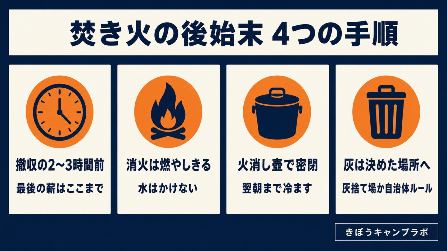 水をかけて終わり、にしていませんか。
焚き火の後始末は、消し方より「時刻」で決まります。
1. 撤収・就寝の2〜3時間前に最後の薪
2. それ以降は足さない
3. 大きい薪は割って表面積を増やす
4. 炭になったら崩してまとめる
5. 灰になったら容器へ。冷めるまで待つ
消火とは、火を完全に燃やしきること。水で見た目の炎を止めることではありません。灰の捨て方は自治体で可燃ごみ・不燃ごみが分かれるので、出発前に確認しておくと迷いません。
くわしい手順はプロフィールのリンクから。
#キャンプ #焚き火 #焚き火のある暮らし #キャンプ初心者 #キャンプギア #火消し壺 #キャンプマナー #ソロキャンプ #ファミリーキャンプ #きぼうキャンプラボ