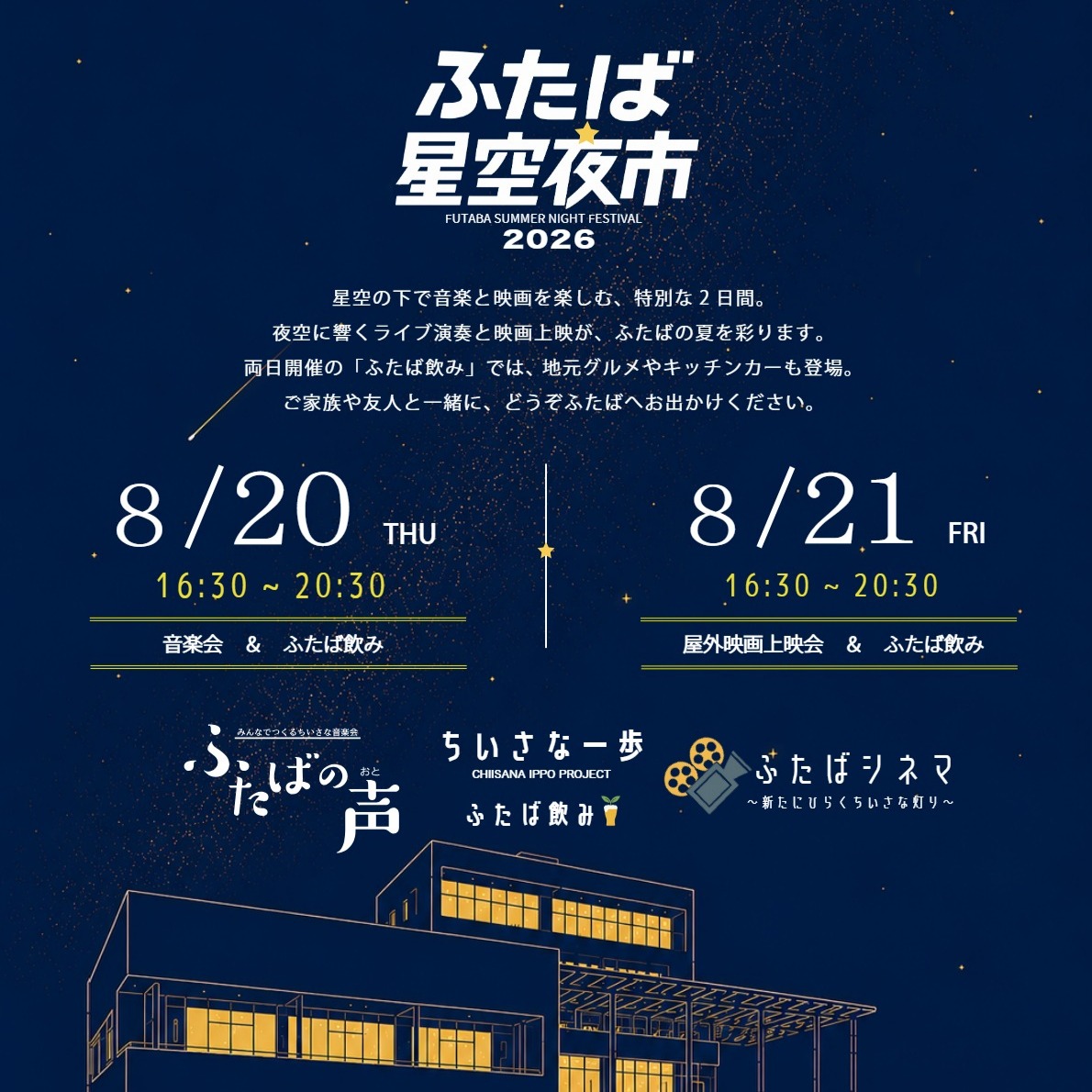 星空の下で音楽と映画を楽しむ、特別な2日間。✨「ふたば星空夜市2026」を開催します!🏮夜空に響くライブ演奏と、開放感たっぷりの屋外映画上映が、ふたばの夏を彩ります🎬🎶さらに、両日開催の「ふたば飲み」では、美味しい地元グルメや大人気のキッチンカーが大集合!🍻🍔ご家族や友人と一緒に、夏の夜の特別なひとときを双葉町で過ごしませんか?皆様のご来場をお待ちしております!ーーーーーーーーーーーーーー📅 【開催日時・プログラム】ーーーーーーーーーーーーーー🌙 8月20日(木) 16:30〜20:30「音楽会 & ふたば飲み」みんなでつくるちいさな音楽会「ふたばの声」を開催!心地よい音楽と美味しいお酒・グルメをお楽しみください🎵🌙 8月21日(金) 16:30〜20:30「屋外映画上映会 & ふたば飲み」星空の下の「ふたばシネマ」!美味しいものを食べながら、屋外での映画鑑賞という非日常体験を🎥🍿ーーーーーーーーーーーーーー📍 【会場・アクセス】ーーーーーーーーーーーーーー会場:双葉町産業交流センター(F-BICC)※東日本大震災・原子力災害伝承館の隣です。🚌 駅から会場までのシャトルバスも運行します!「双葉駅」⇔「産業交流センター」ーーーーーーーーーーーーーー#ふたば星空夜市2026 #ふたば星空夜市 #双葉町 #双葉町産業交流センター #ふたば飲み