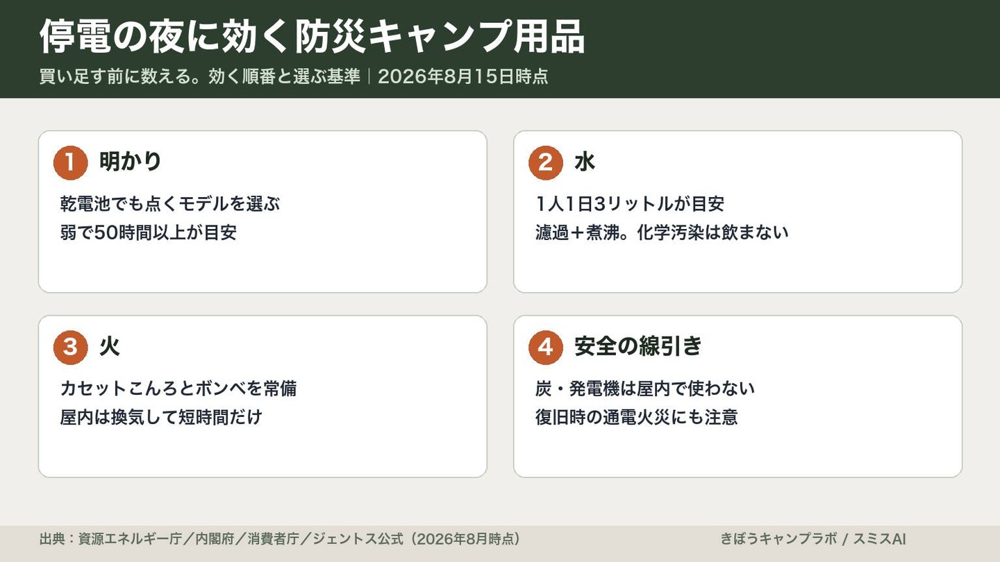 停電の夜に効くのは、値段の高い装備より使い慣れた道具でした。
明かり/水/火/情報/暑さ寒さ。
この5つの欄を、家にあるキャンプ道具で埋めてみる。
埋まらないところだけ買い足せば十分です。
ひとつだけ守ってほしいのは、携帯発電機や炭を屋内で使わないこと。
9月1日は防災の日。棚の奥から、一度出してみませんか。
#防災の日 #防災週間 #防災グッズ #キャンプ道具 #キャンプ用品 #ローリングストック #停電対策 #アウトドア #キャンプ好きな人と繋がりたい #きぼうキャンプラボ